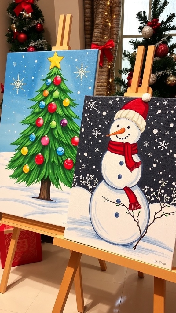 Two Christmas-themed canvas paintings: a decorated Christmas tree and a snowman in a snowy scene.